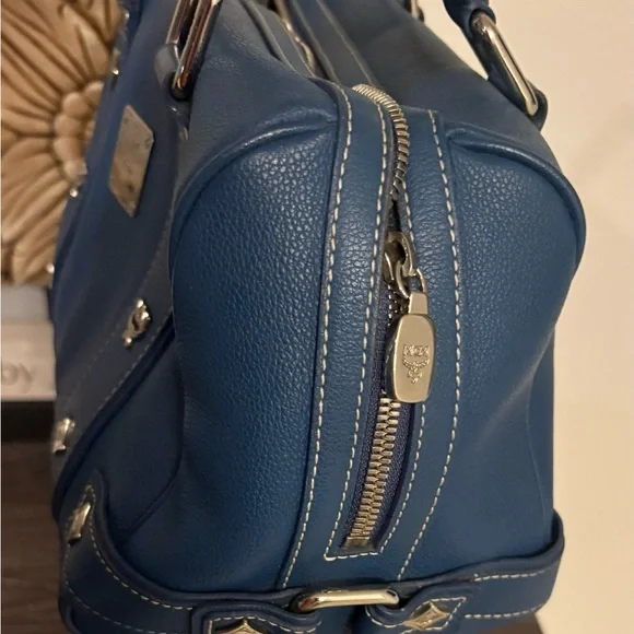 MCM Blue Leather Boston Bag with Silver Accents - Picture 10 of 13